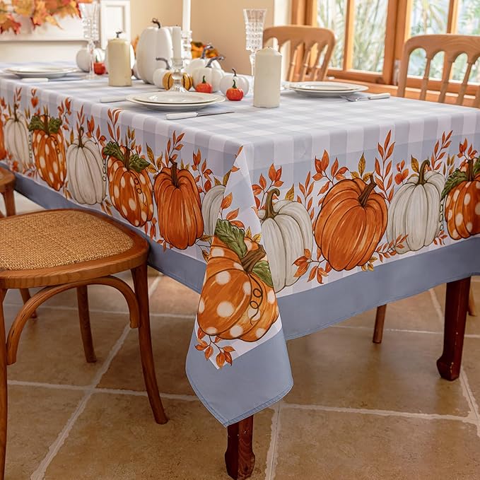 Romanstile Fall Tablecloth Rectangle, Thanksgiving Autumn Harvest Pumpkin Buffalo Plaid Table Cloth, Stain Resistant Washable Table Cover for Party/Dining/Holiday- Grey Blue Checkered, 60x 120 Inch