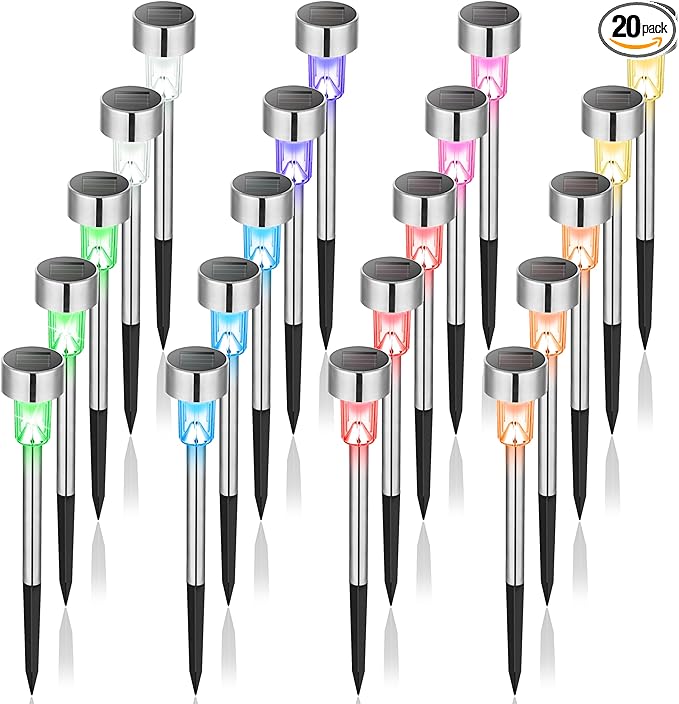 GIGALUMI Solar Lights Outdoor Waterproof, 20 Pack, Stainless Steel LED Solar Garden Lights for Patio, Lawn, Yard and Landscape, Garden Decor Patio Decor,Multicolor