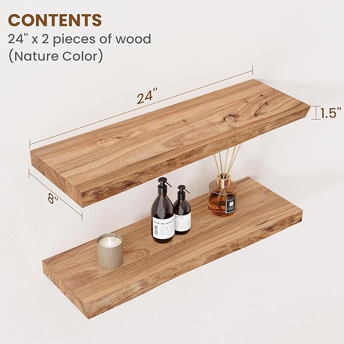 Floating Shelves for Wall Decor, Rustic Solid Elm Wood Floating Shelves Wall Mounted, Wall Shelves with Invisible Bracket for Living Room Bathroom Bedroom Kitchen, 24 Inch Set of 2, Natural