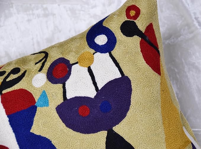 Abstract Decorative Pillow Cover Hand Embroidered Whimsical Toss Pillows Farmhouse Chair Cushion Contemporary Pillowsham Mid-Century Chair Cushions Wool Size 18x18