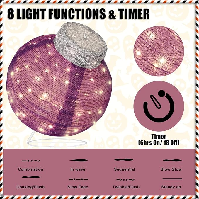 BRIGHTDECK Outdoor Halloween Ornaments, Lighted Pop-Up Outdoor Holiday Ball Decoration with 80 LED Lights, 8 Light Modes, Lighted Collapsible Holiday Decorations for Yard, Home (Purple)