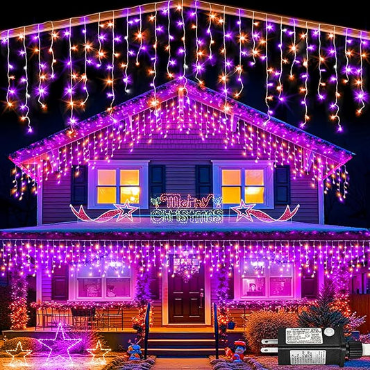 33ft Halloween Lights Outdoor, 400 LED Icicle Lights for Outside, Orange and Purple Twinkle Christmas Light with Connectable Clear Wire 8 Modes Timer Waterproof for House Party Tree Holiday Yard Decor