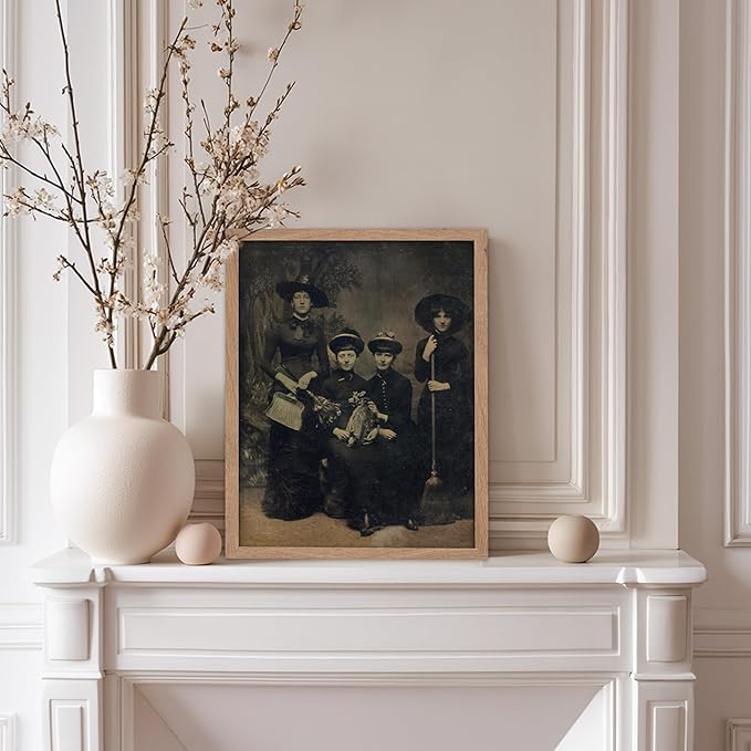 Poster Master Vintage Photograph Poster - Retro Halloween Print - Gift for Artist, Friend - Four Witches Wearing Robes, Sabbath, Coven, Sorcery - Wall Decor for Home, Office, 11x14 Beige Framed