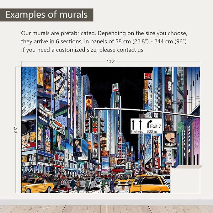 AFZEVEB-Hand-Painted New York City Wallpaper Wall murals for Bathroom 136"x96" (Not Peel and Stick)