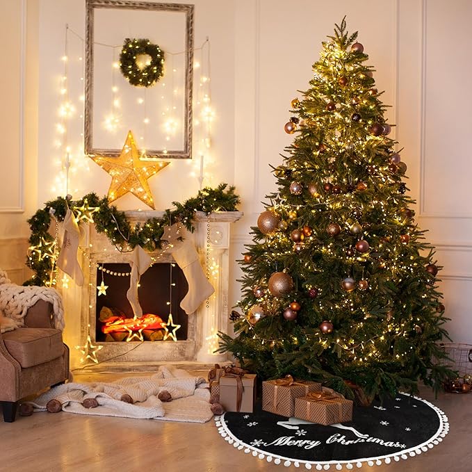 48 Inch Christmas Tree Skirt, Burlap Black Christmas Rustic Tree Skirt with Elk Deer and White Snowflake Printed for Holiday Party Xmas Tree Decoration