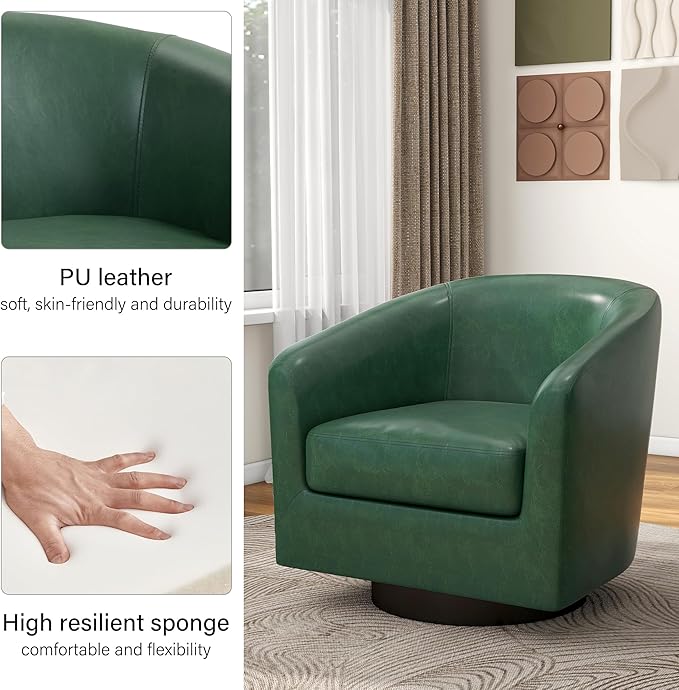 Swivel Barrel Accent Chair, Modern Round Faux Leather Arm Chair for Living Room, Bedroom, Comfy Club Reading Chairs for Adults(Faux Leather, Green, Set of 2)