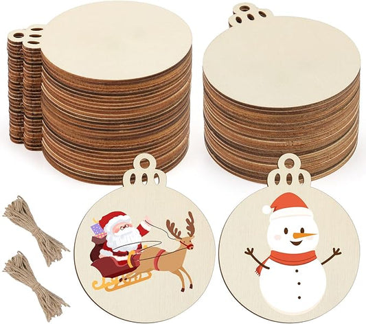 50 PCS Wooden Christmas Ornaments, 3 Inch DIY Wood Ornament for Crafts, Unfinished Wood Ornament to Paint, Blank Round Wooden Ornaments, Make Your Own Paintable Wood Slice