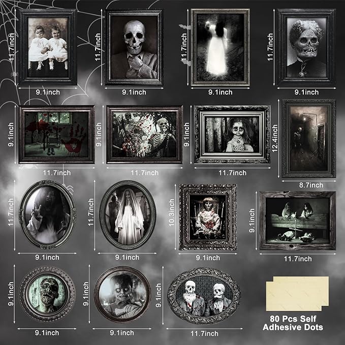 15 Halloween Gothic Creepy Skull Photos Haunted Horror Picture Frame, Waterproof Durable, with 80pcs Self Adhesive Dots，Creepy Photo Decoration For Haunted Family Castle Masquerade Party Black