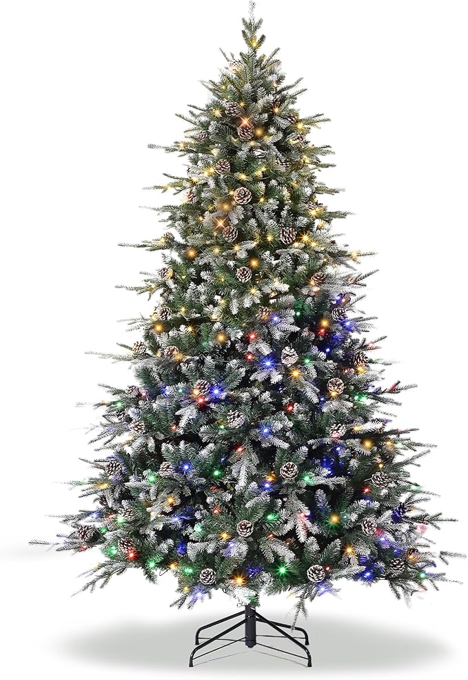 7.5 FT Snow Flocked Christmas Tree with 450 Warm Lights-8 Modes, Prelit Christmas Trees with Pine Cone & Gloves, Metal Folding Stand, Full Artificial Xmars Tree for Home Decor, Norway Spruce, Green