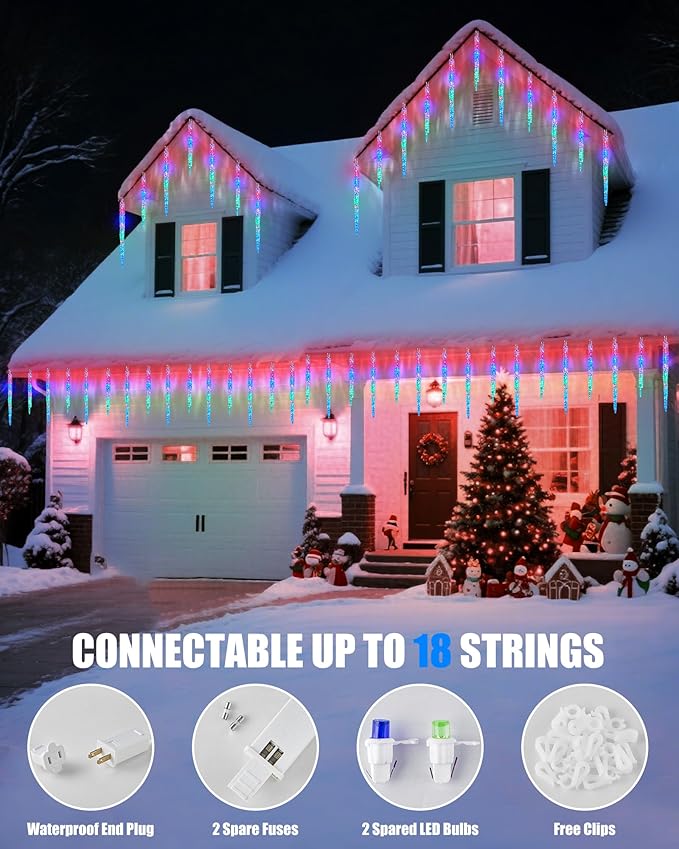 Minetom Icicle Lights Outdoor with Clips, 20ft 100 LED 20 Tubes Twinkling Crystal Icicle String, Connectable Waterproof Hanging Christmas Lights Plug in for Eave Outdoor, Multicolor