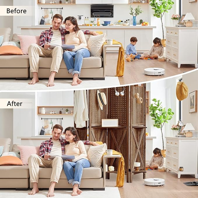 4 Panel Pegboard Display with 16 Hooks, Wooden Pegboard Room Divider Wall with Shelf, Rustic Room Dividers and Folding Privacy Screens, Bedroom, Jewelry Store, Brown