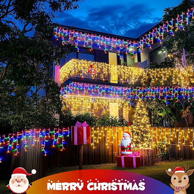 JMEXSUSS Color Changing Outdoor Waterproof Icicle Lights, 400 LED with Remote, Warm White to Multicolor for Christmas Eaves Party Decorations
