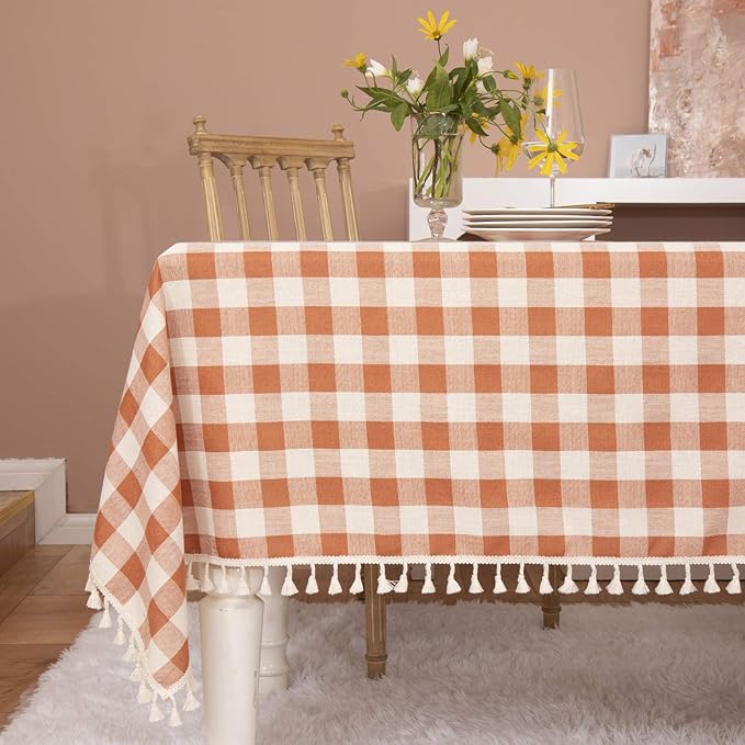 Rustic Gingham Tablecloth, Cotton Buffalo Plaid Table Cloth for Fall Thanksgiving Christmas Kitchen Restaurant Holiday Outdoor Picnic Decoration（Rectangle/Oblong, 55x120,Orange