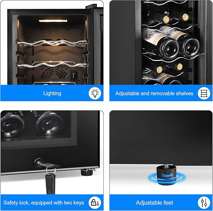 Wine Cooler Refrigerator 12 Bottles, Small Wine Fridge Mini Wine Fridge Countertop with Glass Door Wine Cellars for Red Wine, Champagne, Dry White Wine, Sparkling Wines