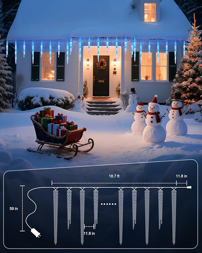 Minetom Icicle Lights Outdoor with Clips, 20ft 100 LED 20 Tubes Twinkling Icicle Strings Connectable Waterproof Hanging Christmas Lights Plug in for Eave Outdoor, Blue and White