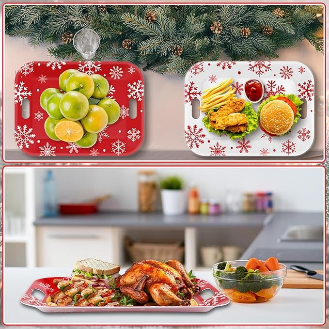 2Pcs Winter Serving Trays 16.1 x 11.1 Inch Large Melamine Christmas Trays Platters with Handles Rectangular Snowflake Melamine Dish for Serving Food Outdoor Dinner Dessert Plates Party Decorations