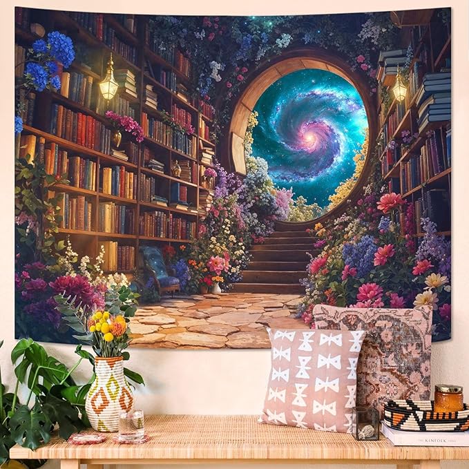 Accnicc Floral Bookshelf Tapestry Fantasy Library Tapestries Wall Hanging Vintage Plant Flower Book Large Tapestry for Bedroom Living Room Dorm 80 x 60 inch