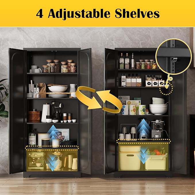 Metal Tall Black Cabinet, 71' Pantry Cabinet with Doors and 4 Adjustable Shelves, for Pantry, Laundry Room, Living Room, Dining Room