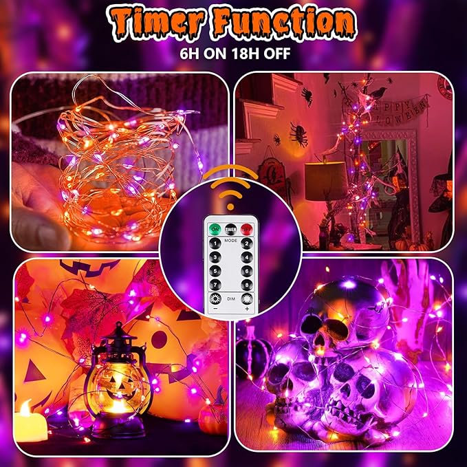 3 Pack 78 FT 240 LED Fairy Lights Battery Operated with Remote & Timer, Orange and Purple Halloween String Lights 8 Modes Waterproof Twinkle Lights for Indoor Outdoor Halloween Party Home Decorations