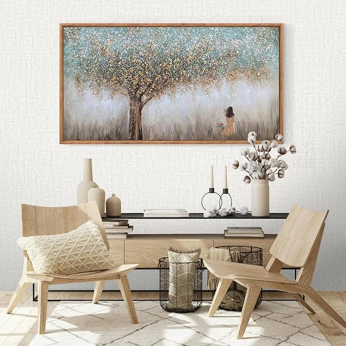 Aurlan Tree of Life Hand Painted Framed Wall Decor(40"x20"), Large Abstract Girl under Tree Oil Painting Canvas Artwork, Modern Nature Landscape Art for Office Living Room Bedroom