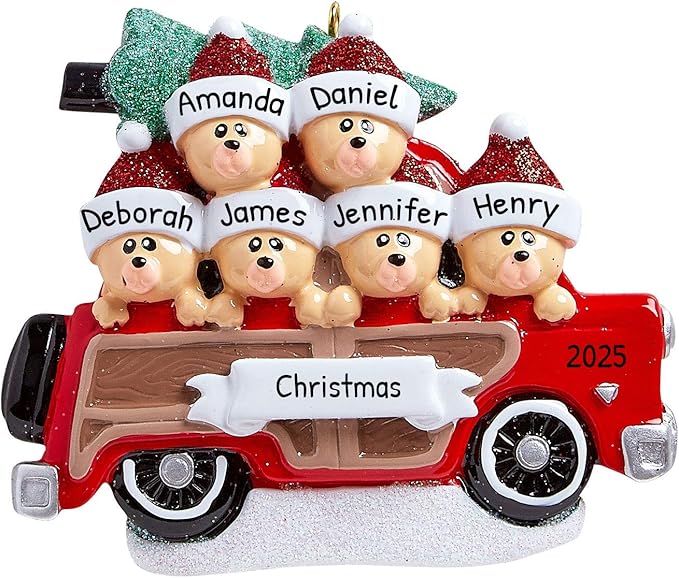 3D Road Trip Bears Family of 6 Ornament 2025 Personalized Family Christmas Ornaments 2025 | Snowy Tree Red Truck Personalized Tree Ornaments for Grandchildren, Siblings & Grandkids of Six Ornament