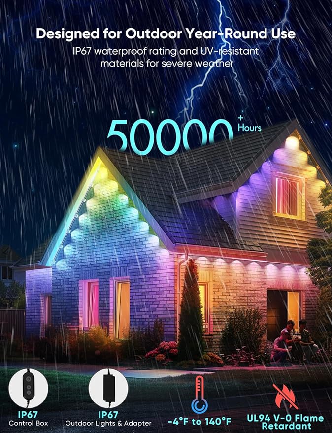 Permanent Outdoor Lights Pro 100ft, RGBCW Smart Eaves Lights with 72 LED Lights, Dual Lens, Cuttable, 111 Scene Modes, IP67 Waterproof Lighting for Holiday Decoration, Work with Alexa, White