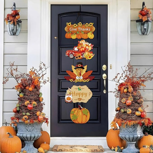 BWFY 5PC Fall Decorations for Home Thanksgiving Signs Autumn Home Decor Wooden Farmhouse Thanksgiving Decoration Indoor Harvest Sign Door Hanger for Outdoor Farmhouse Porch Front Door