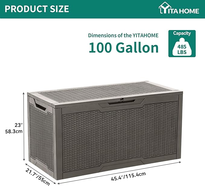 YITAHOME 100 Gallon Outdoor Storage Box, Large Water Resistant Resin Deck Box, Indoor Outdoor Lockable Storage Container for Patio, Garden, Cushions, Tools, Equipment (Taupe)