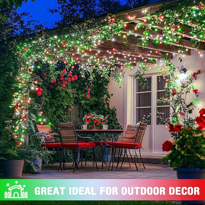 JMEXSUSS Connectable Red White and Green Christmas Lights, 8 Modes 100 LED Twinkle String Lights Indoor, Clear Wire Plug-in String Lights Outdoor Waterproof