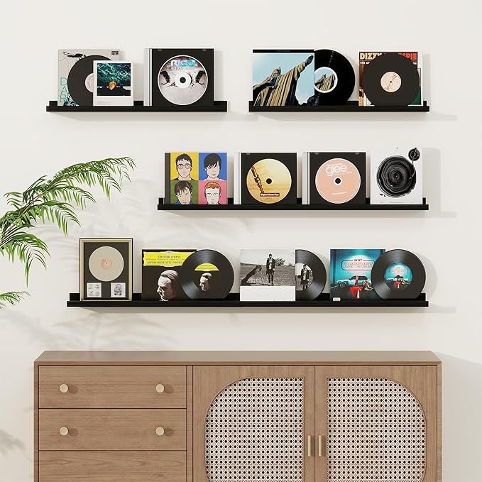 Picture Ledge Shelf, Solid Pine Wood Floating Shelves Set of 2, 32 Inches Nursery Book Shelves for Toys Storage, Kids Bookshelf Wall Mounted for Living Room Bedroom Decor Books Photo Frames, Black