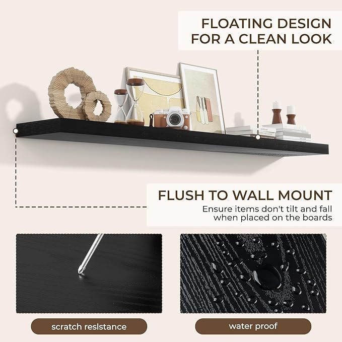RICHFOCUS 72Inch Floating Shelves for Wall 2 Pack Shelves for Bedroom|Kitchen|Bathroom Wall Mounted Rustic Wood Floating Shelf with Invisible Brackets for Books|Storage|Decor, Black