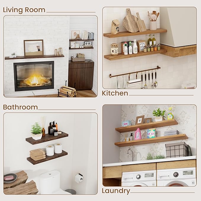 Floating Shelves for Wall Decor, 8" Deep Rustic Solid Elm Wood Floating Shelves Wall Mounted, Wall Shelves with Invisible Bracket for Living Room Bathroom Bedroom Kitchen, 55 Inch Set of 1, Natural