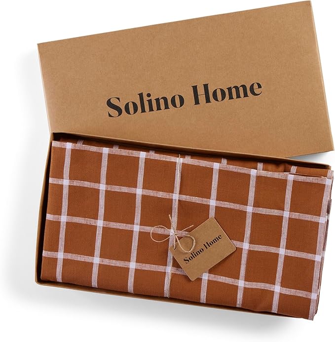 Solino Home Linen Plaid Tablecloth 60 x 90 Inch - 100% Pure Linen Windowpane Cinnamon Table Cloth for Rectangle Tables - Machine Washable Tablecloth for Fall, Autumn, Halloween, Thanksgiving