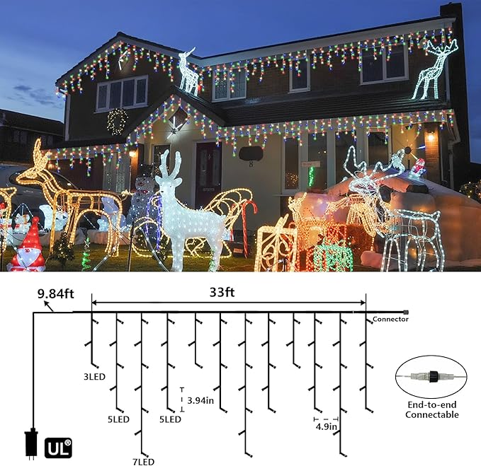 QITONG Multicolor Icicle Christmas Lights Outdoor, 33ft 400 LED Icicle Lights Indoor, Clear Wire Connectable String Lights Plug in with 8 Modes