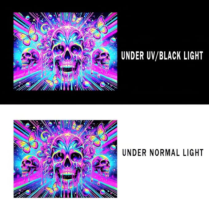 BlissYard Blacklight Skull Butterfly Tapestry 78x59 Inch UV Reactive Wall Art for Bedroom Living Room Decor