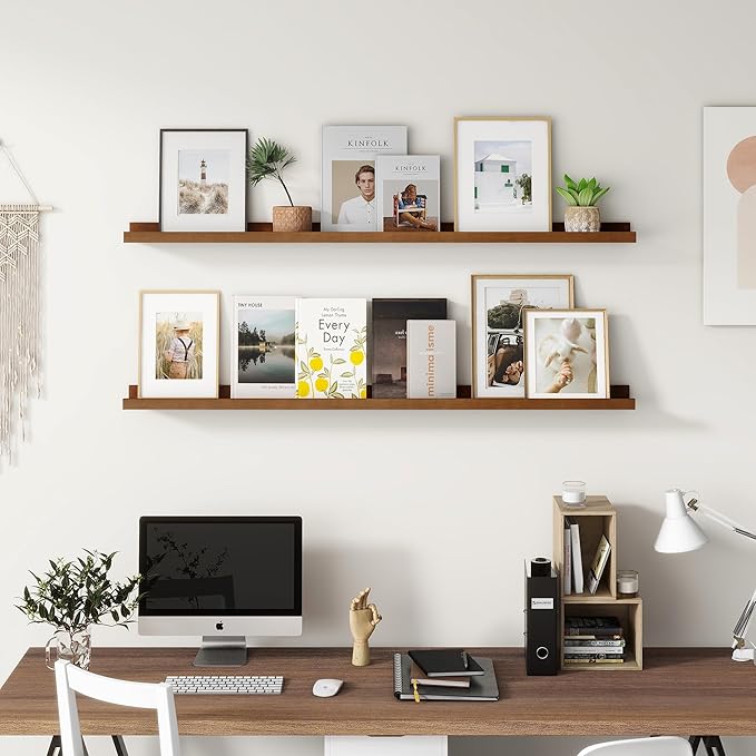 Picture Ledge Wall Shelves 24 inch Width Set of 2, Solid Pine Wood Rustic Floating Ledge Shelves for Wall for Kids' Room Bedroom Kitchen Bathroom Living Room Nursery Display Wall Decor, Walnut