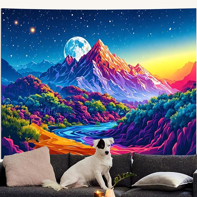 SparkLia Blacklight Sunset Mountain Tapestry – UV Reactive Forest Lake Wall Hanging, Neon Glow in the Dark Starry Sky Moon Nature Landscape for Bedroom, Living Room & Dorm Decor – 51.2" x 59.1"