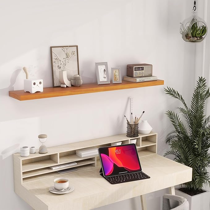 Light Brown Wooden Floating Wall Shelves 48 Inches Long x 8”x 1.4” Shelf Floating Rustic Farmhouse Decor, Heavy Duty Shelf Hold 100 lbs, Wall Shelves for Bathroom Living Room Kitchen Bedroom Office