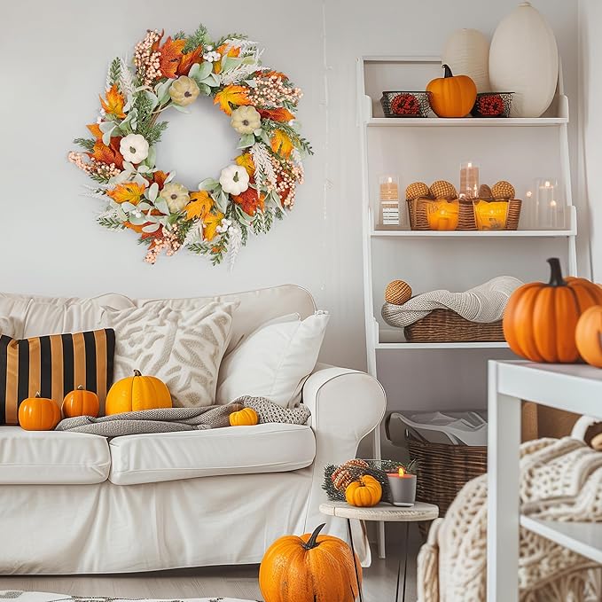 GENMOUS 24inch Fall Wreaths for Front Door, Maple Leaves Autumn Wreath Eucalyptus Berries Pumpkins Lamb Ears Leaves, Porch Wall, Home Outdoor Indoor Thanksgiving Halloween Harvest Holiday Fall Decor