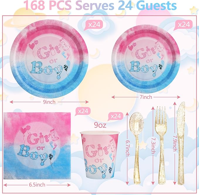 168Pcs Gender Reveal Plates and Napkins Party Supplies, Pink and Blue Plates for Gender Reveal Serves 24, Team Boy or Girl Gender Reveal Ideas, He or She Baby Reveal Decorations
