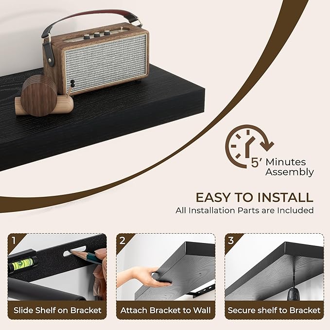 RICHFOCUS 31.5Inch Floating Shelves for Wall 2 Pack Shelves for Bedroom|Kitchen|Bathroom Wall Mounted Rustic Wood Floating Shelf with Invisible Brackets for Books|Storage|Decor, Black