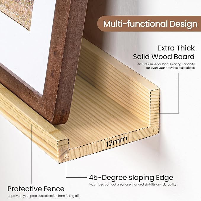 Picture Ledge Shelf, Solid Pine Wood Floating Shelves Set of 4, 16 Inches Nursery Book Shelves for Toys Storage, Kids Bookshelf Wall Mounted for Living Room Decor Photo Frames, Unfinished Natural