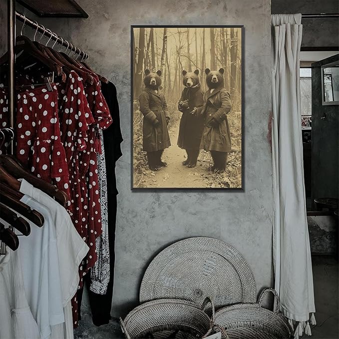 Vintage Horror Halloween Wall Decor Spooky The Three Bears In Occult Forest Spooky Canvas Wall Art Poster Gothic Dark Academia Decorations Room Creepy Print 16X24inch Aluminum Framed