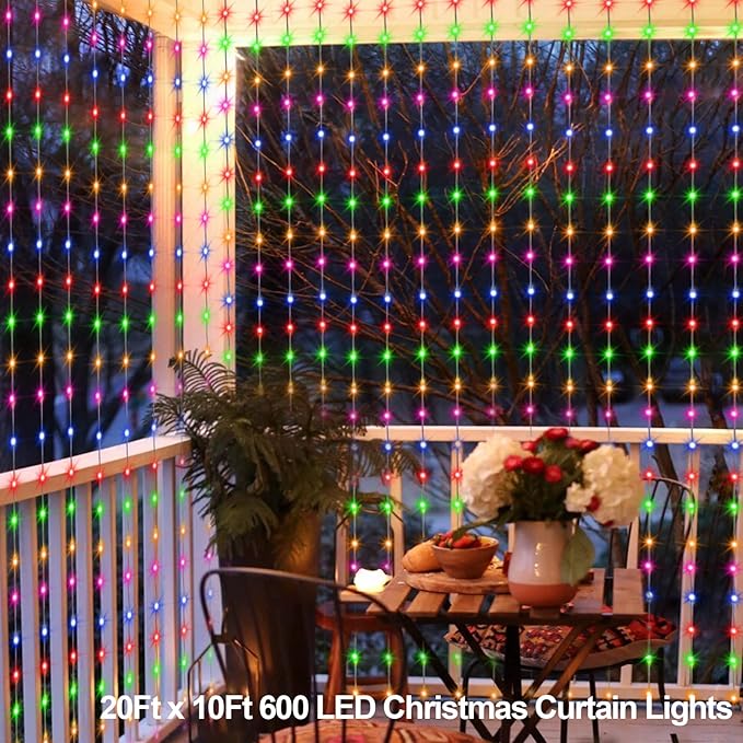 echosari 20Ft x 10Ft Large Curtain Lights Plug in, 600 LED Dual Color Changing Outdoor Curtain Lights Waterproof Connectable with Remote for Wedding Backdrop Yard Decor (Cool White & Multicolor)