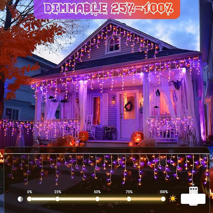 JMEXSUSS 400 LED Orange and Purple Halloween Lights Outdoor, 38.8 FT Orange and Purple Icicle Light Outdoor Waterproof, 8 Modes Halloween Lights Plug in for House Christmas Party Decorations