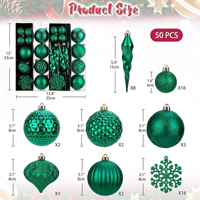 50PCS Christmas Tree Ornaments Set with Shatterproof Balls Icicle Snowflake Hanging Ornaments for Home Office Farmhouse Christmas Decorations, Dark Green
