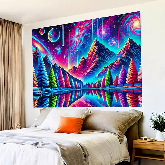 BlissYard Alien Galaxy Reflection UV Black Light Tapestry 78x59 Inches Art Color Neon Light Background Bedroom Living Room Wall Party Decoration Trippy Cosmic Trees Planet Lake Mountain View