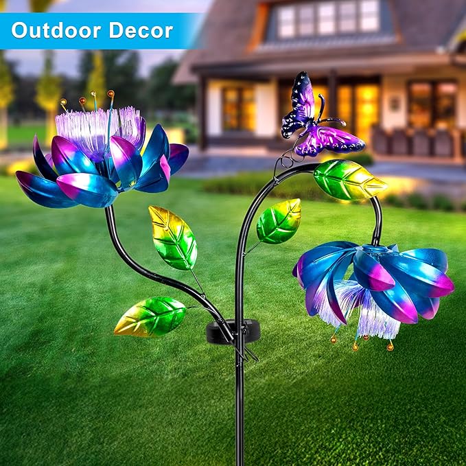 50'' Solar Powered Kinetic Wind Spinner Sculpture Blue Lotus Metal Stake Spinner for Patio, Lawn and Garden Decor Weather Resistant Outdoor Art with Dual Lotus with Butterfly Design