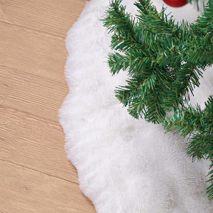 35 Inch Rabbit Fur Christmas Tree Skirt White Plush Skirt for Merry Christmas Party Christmas Tree Decoration
