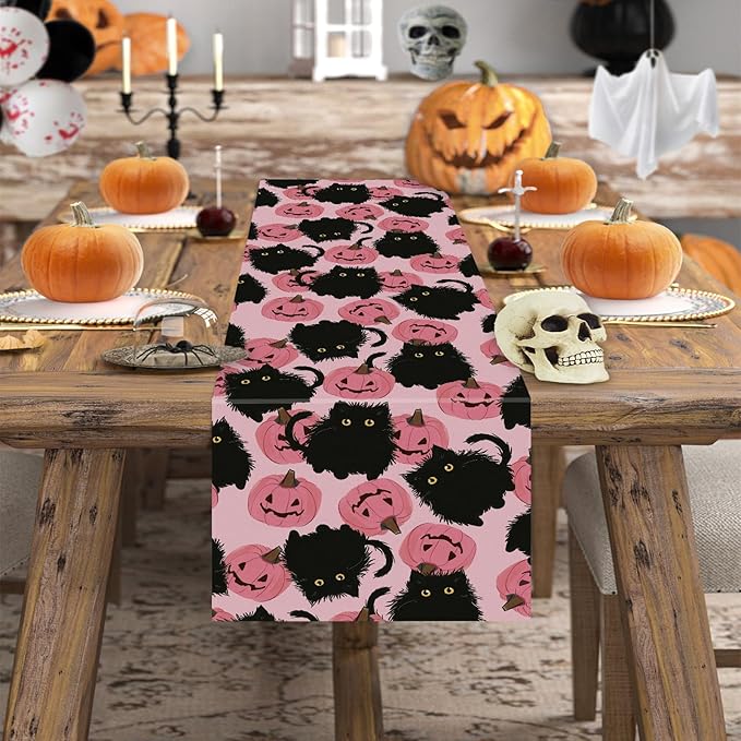 Halloween Table Runner Pink Halloween Decor Black Cat Pumpkins Seasonal Kitchen Dining Table Home Party Decorations 13x72 Inch